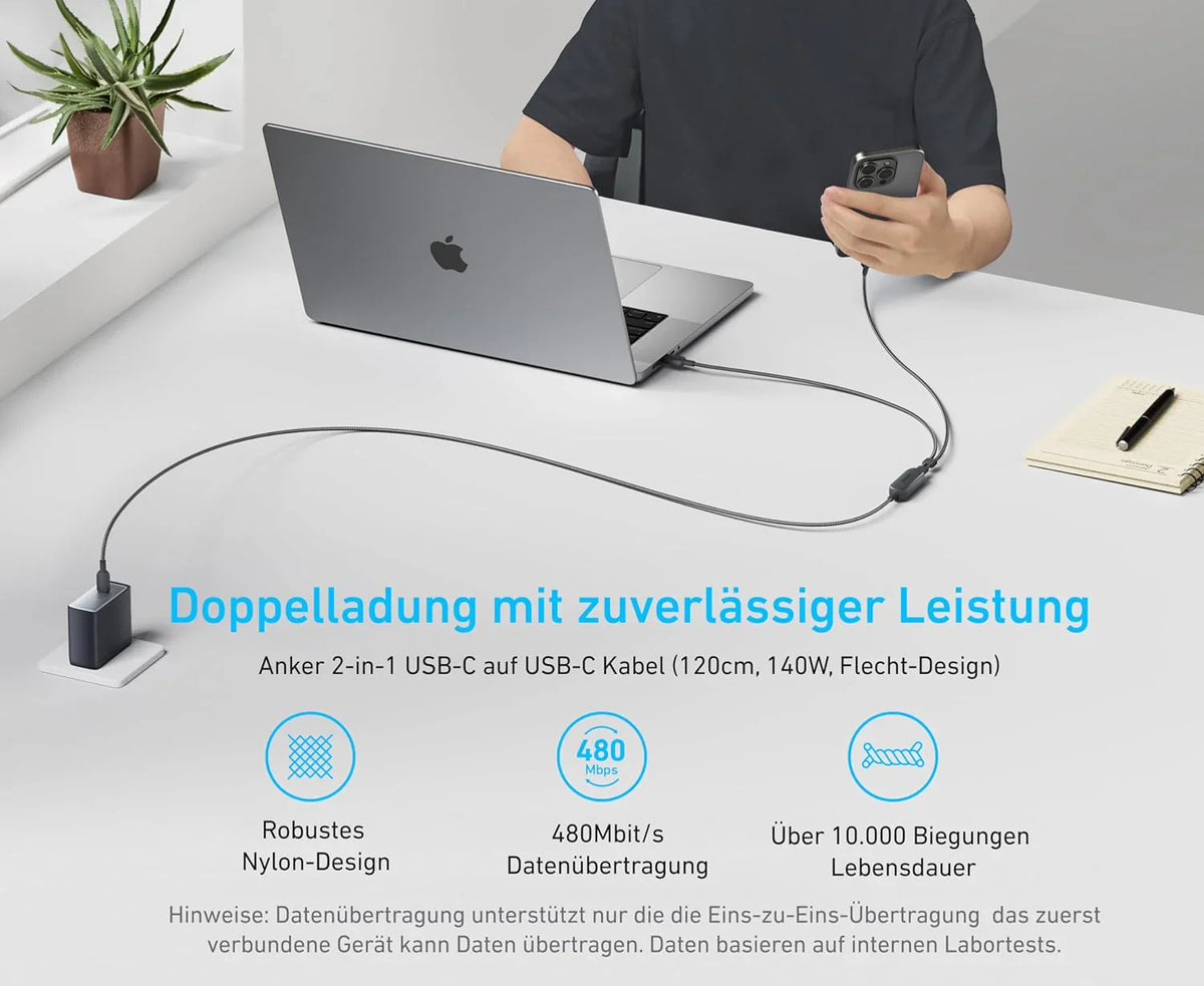 Anker Prime Ladegerät (160W, 3 Ports, GaNPrime) + Anker 2-in-1 USB-C auf USB-C Kabel (120cm, 140W, Flecht-Design)