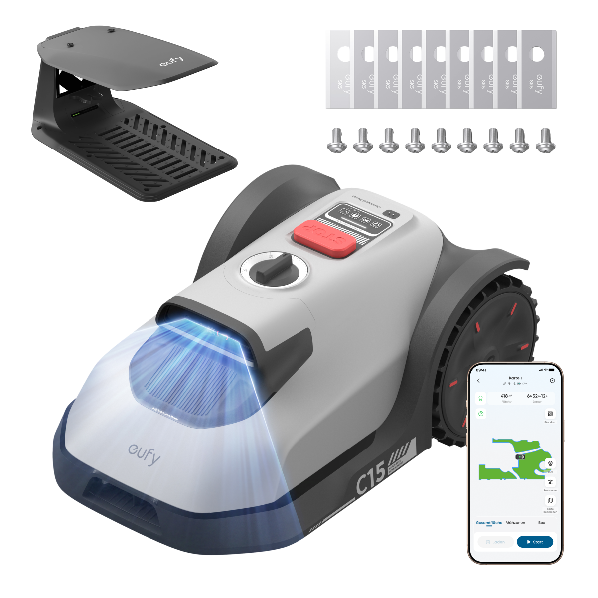 Anker eufy Mähroboter C15 Standard mit Garage und Anker eufy Ersatzklingenbox