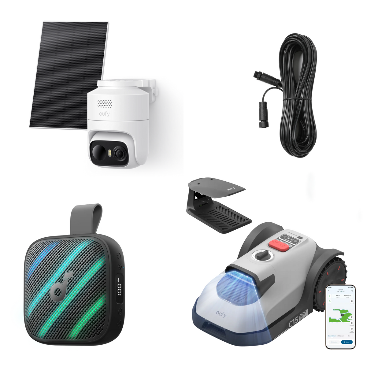 Anker eufy Mähroboter C15 Standard mit Garage und Anker eufy Verlängerungskabel und eufyCam C37 und Boom Go 3i