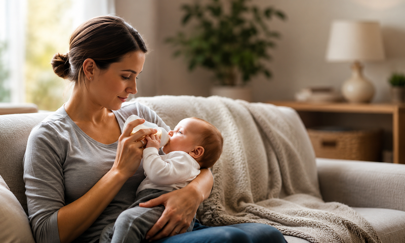 Mutter füttert Baby mit Flasche