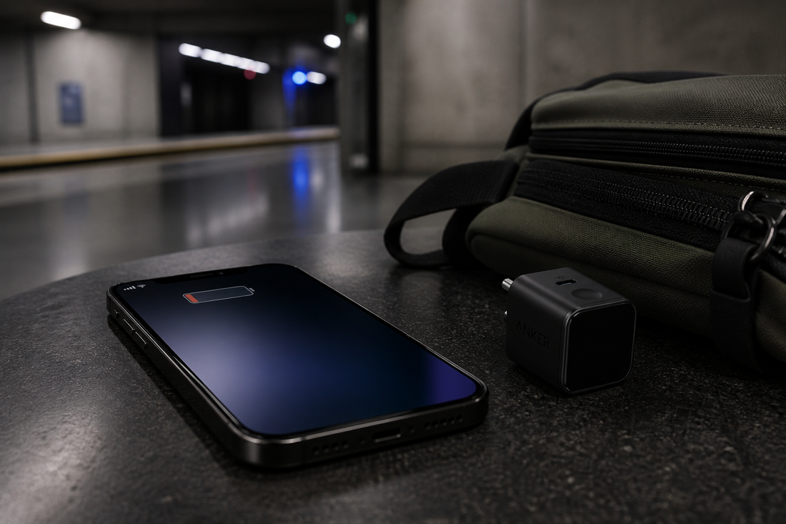 Smartphone mit niedrigem Akkustand bei schwachem Empfang