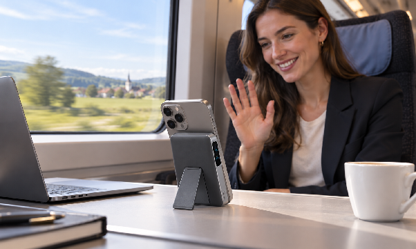 Anker MagGo Powerbank bei Videoanruf im Zug