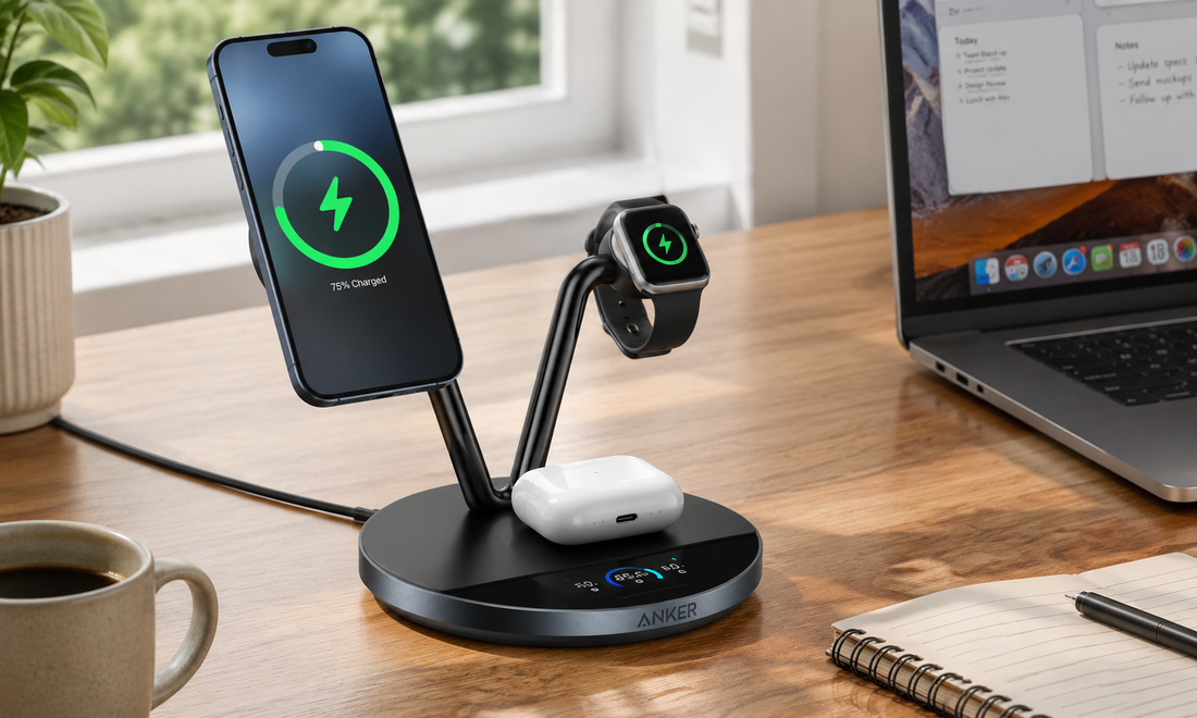 Anker Ladestation lädt Geräte am Arbeitsschreibtisch