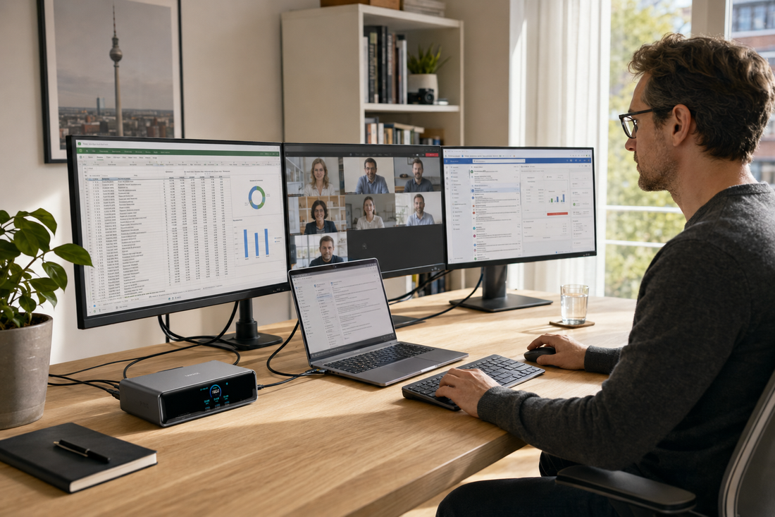 Anker Prime Dockingstation mit drei Homeoffice-Monitoren