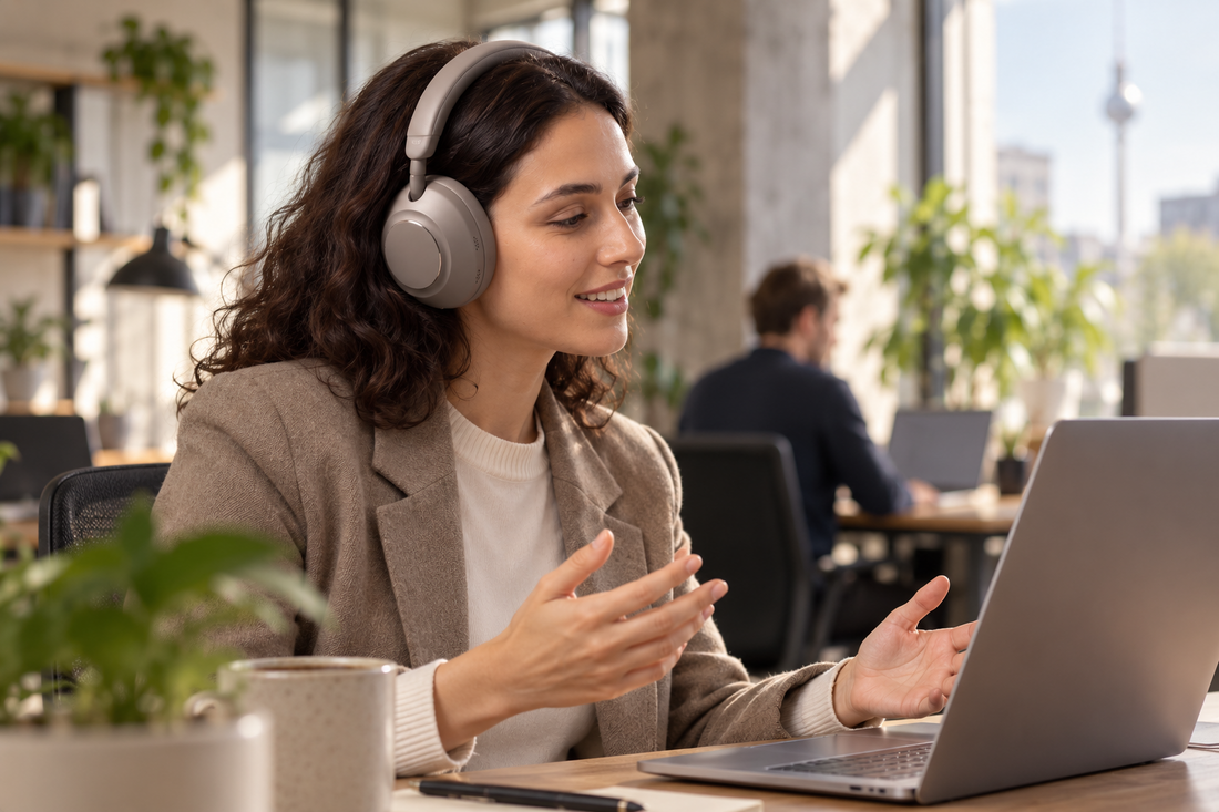 Frau trägt soundcore Space 2 Pro beim Videomeeting