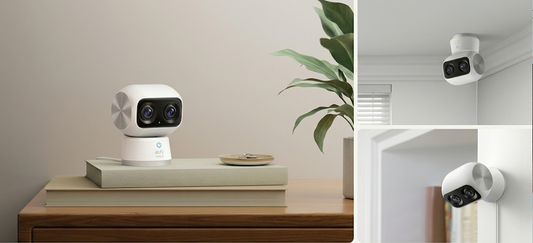 eufy Innenkamera S350 platziert auf einem Tisch, an der Wand und an der Decke.