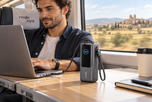 Anker Powerbank lädt Laptop im spanischen Zug