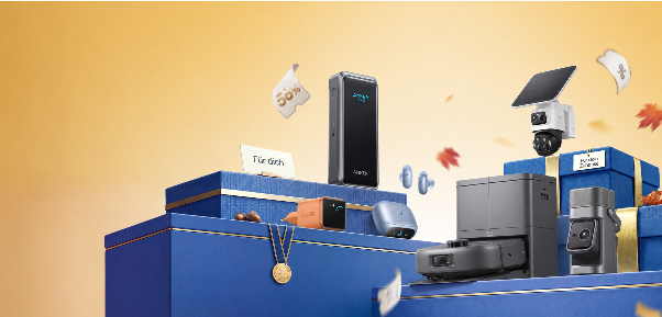 Anker Ladegeräte, Powerbank und eufy Geräte auf blauen Geschenkboxen zur Herbstaktion