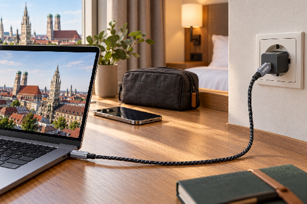 Anker Prime USB-C-Ladekabel lädt Laptop im Hotel