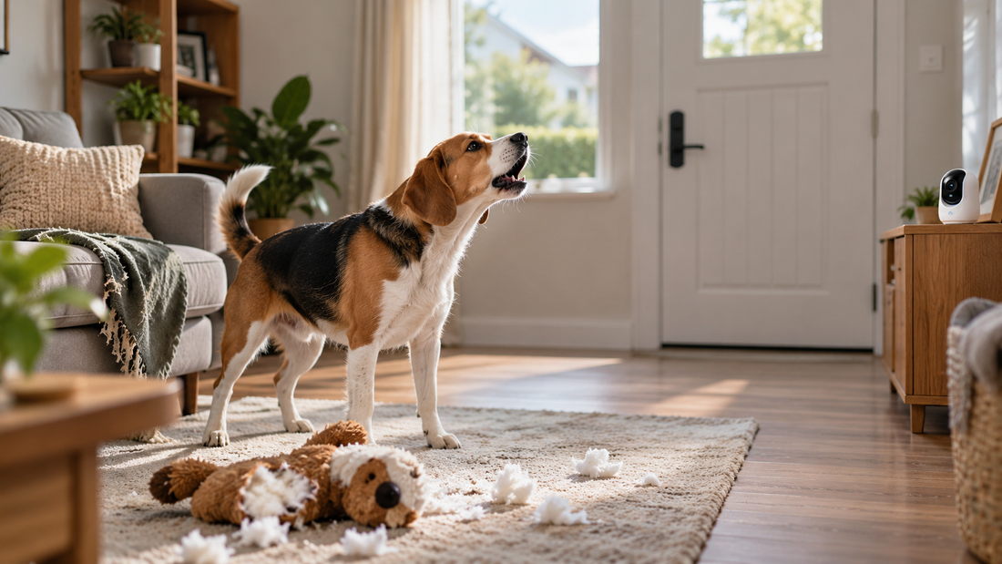 Hund bellt allein zuhause im Wohnzimmer