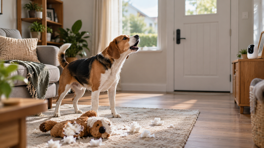 Hund bellt allein zuhause im Wohnzimmer