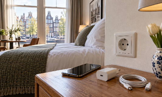 Niederländische Typ-F-Steckdose in einem Amsterdamer Hotelzimmer