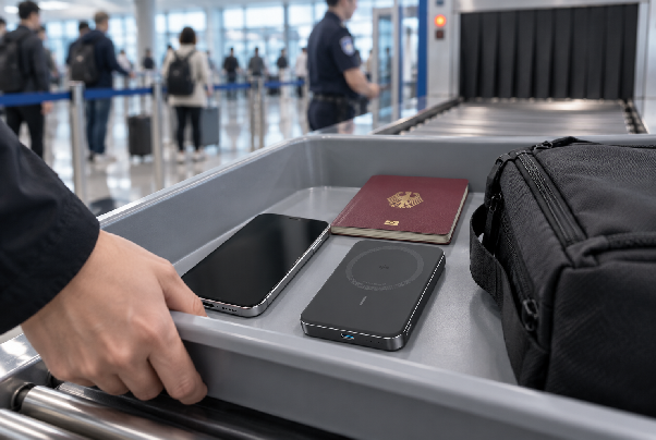 Powerbank separat bei der Sicherheitskontrolle im Flughafen