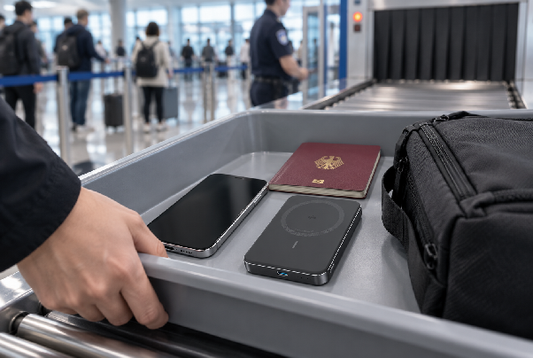 Powerbank separat bei der Sicherheitskontrolle im Flughafen