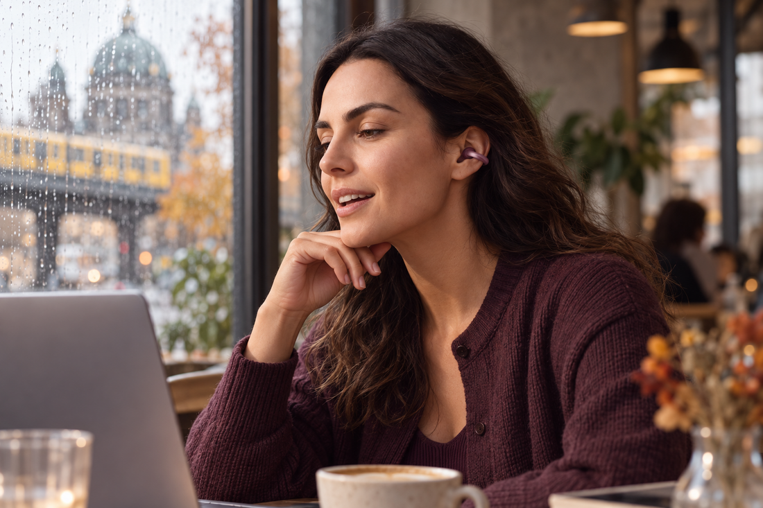 Frau telefoniert mit soundcore AeroClip 2 im Café