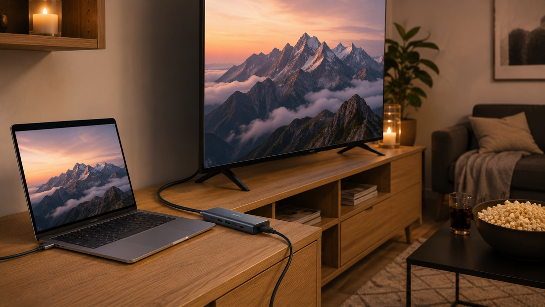 Anker Hub verbindet Laptop mit Wohnzimmerfernseher