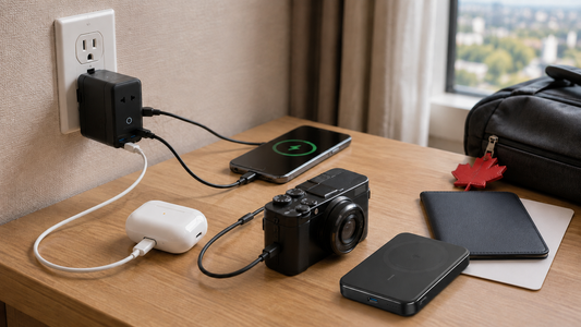 Anker Reiseadapter lädt Geräte im Hotel