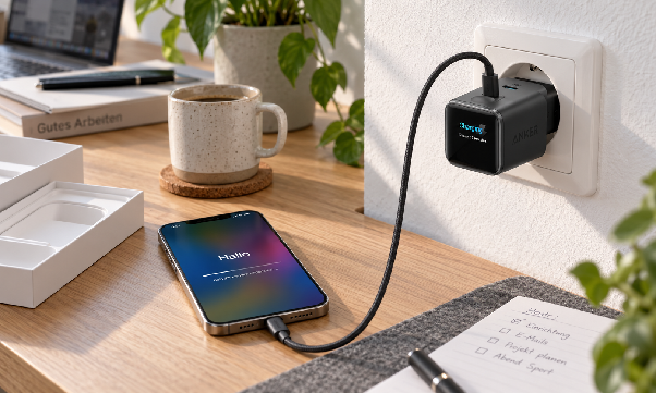 Anker Ladegerät lädt Smartphone im Hamburger Hotel