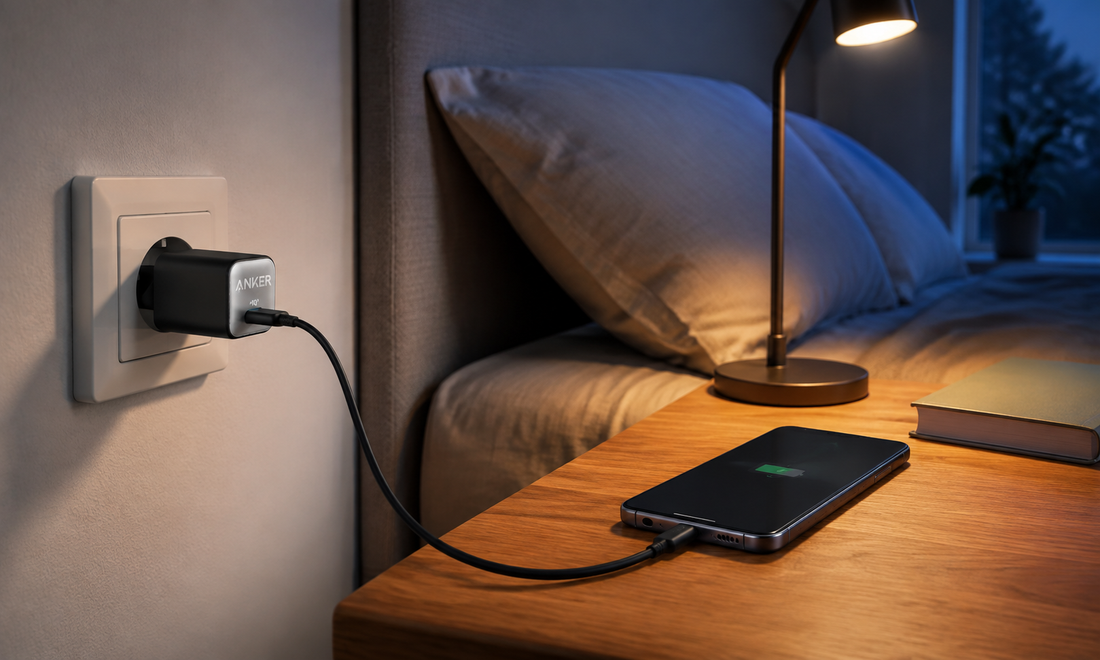 Anker 511 lädt Samsung Galaxy am Nachttisch