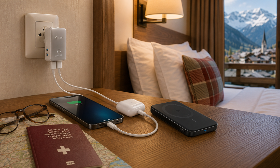 Anker Reiseadapter lädt Geräte im Schweizer Hotel