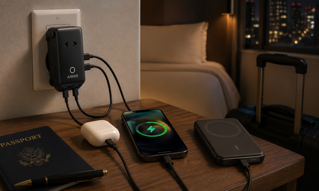 Anker Reiseadapter und Powerbank im Hotelzimmer