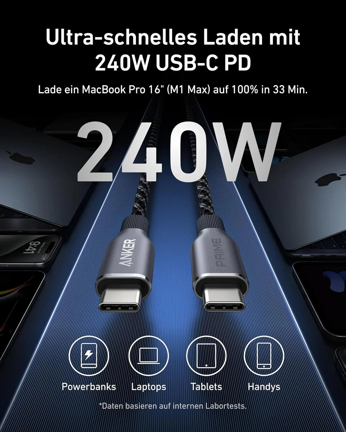 Anker Prime Powerbank (20K, 220W)+Anker Prime USB-C auf USB-C Kabel (240W, Upcycled-Flechtdesign)