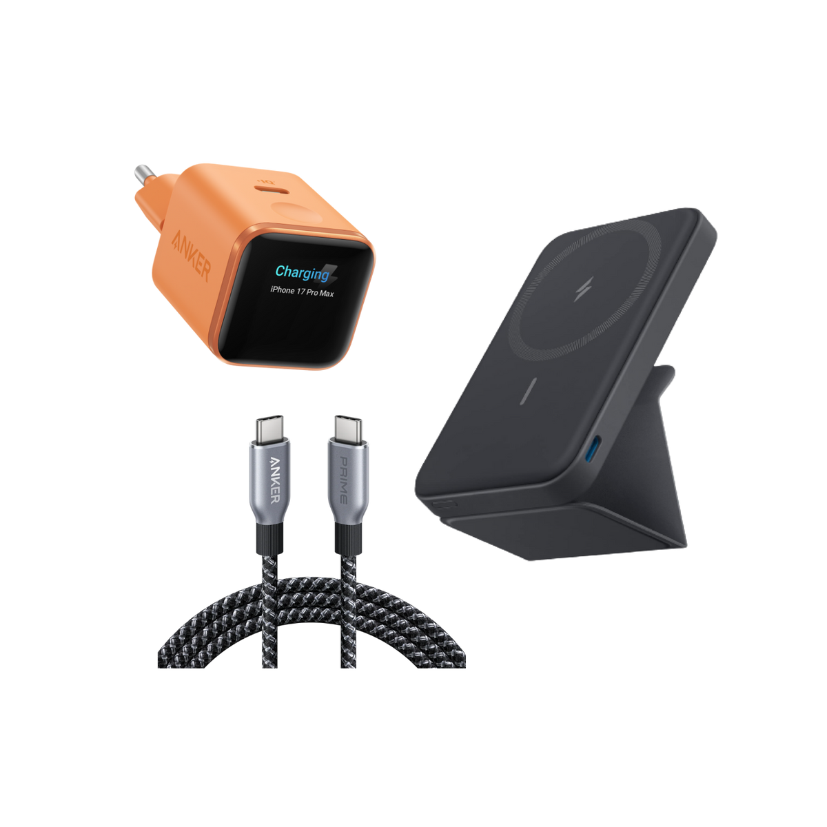 Anker Nano Ladegerät. (45W, Smart Display) mit Magnetische Kabellose Powerbank (MagGo) und Anker Prime USB-C auf USB-C Kabel (1,8m, 240W, Upcycled-Flechtdesign)
