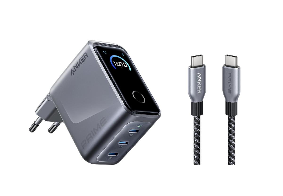 Anker Prime Ladegerät (160W, 3 Ports, GaNPrime) + Anker Prime USB-C auf USB-C Kabel (0,9m, 240W, Upcycled-Flechtdesign)