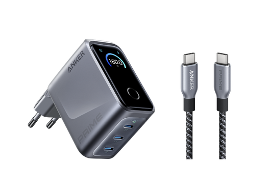 Anker Prime Ladegerät (160W, 3 Ports, GaNPrime) + Anker Prime USB-C auf USB-C Kabel (0,9m, 240W, Upcycled-Flechtdesign)