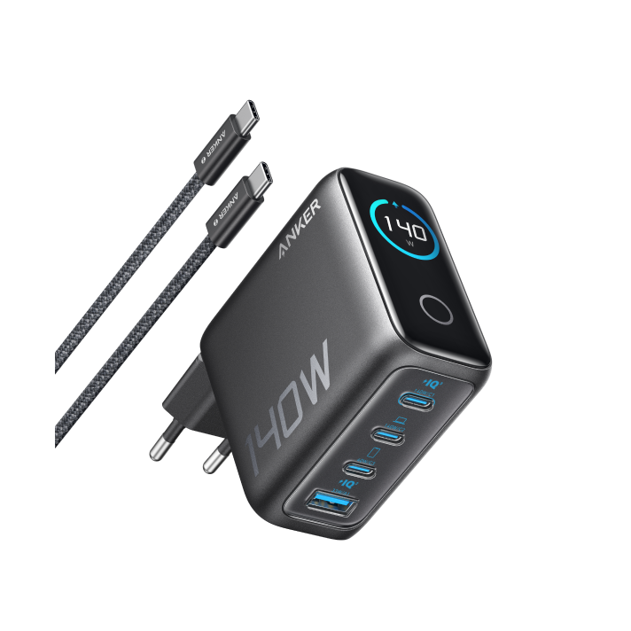 Anker Powerbank (25K, 165W, Integriertes + einziehbares Kabel) + Anker Ladegerät (140W, 4-Port, PD 3.1) mit USB-C Kabel