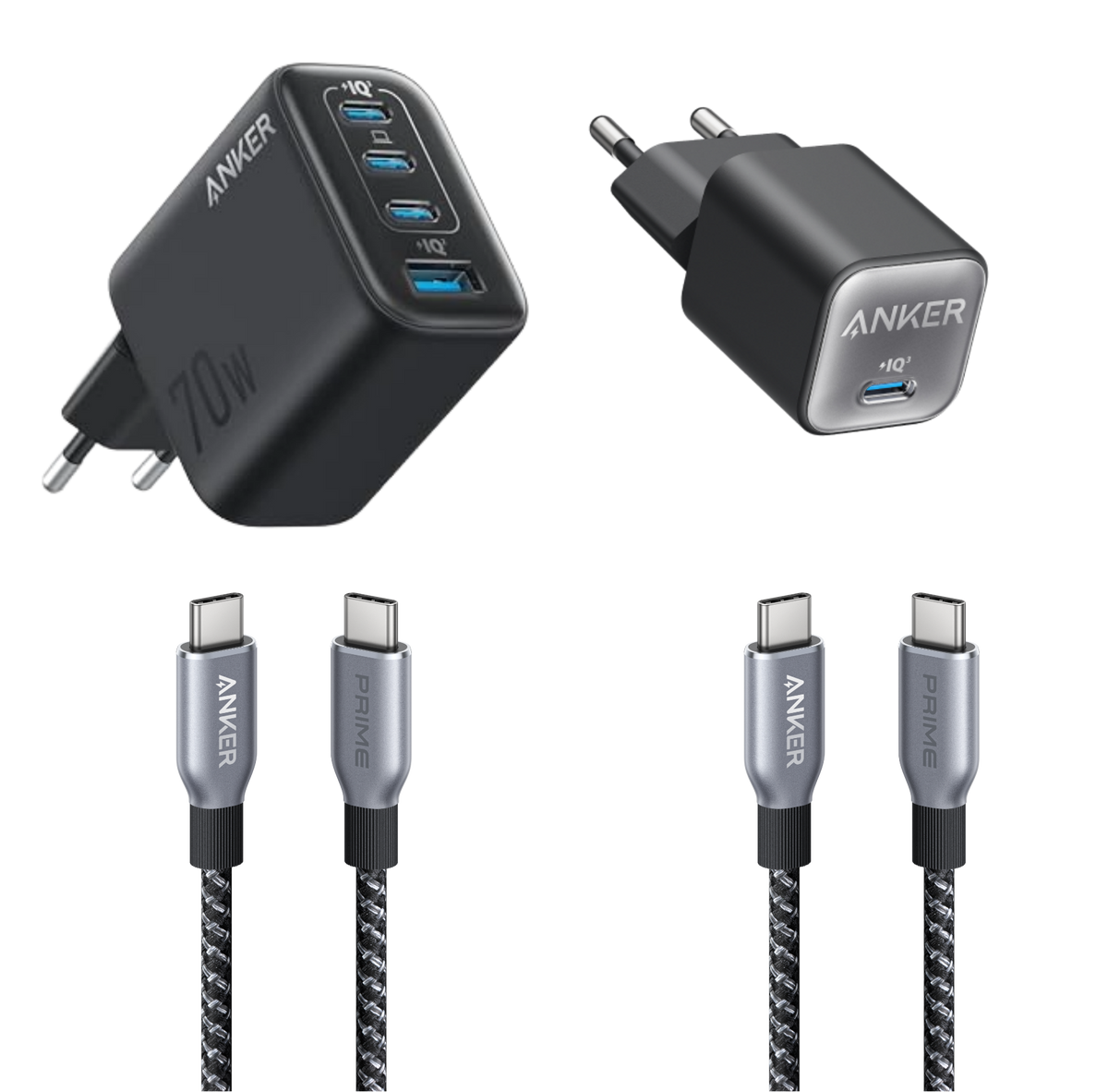 Anker Zolo Ladegerät (70W, 4 Ports) + Anker 511 Ladegerät (Nano 3, 30W) + Anker Prime USB-C auf USB-C Kabel Doppelpack (0,9m, 240W, Upcycled-Flechtdesign)