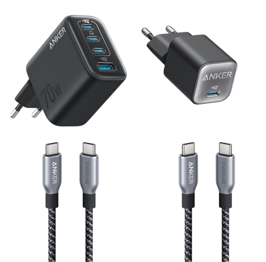 Anker Zolo Ladegerät (70W, 4 Ports) + Anker 511 Ladegerät (Nano 3, 30W) + Anker Prime USB-C auf USB-C Kabel Doppelpack (0,9m, 240W, Upcycled-Flechtdesign)