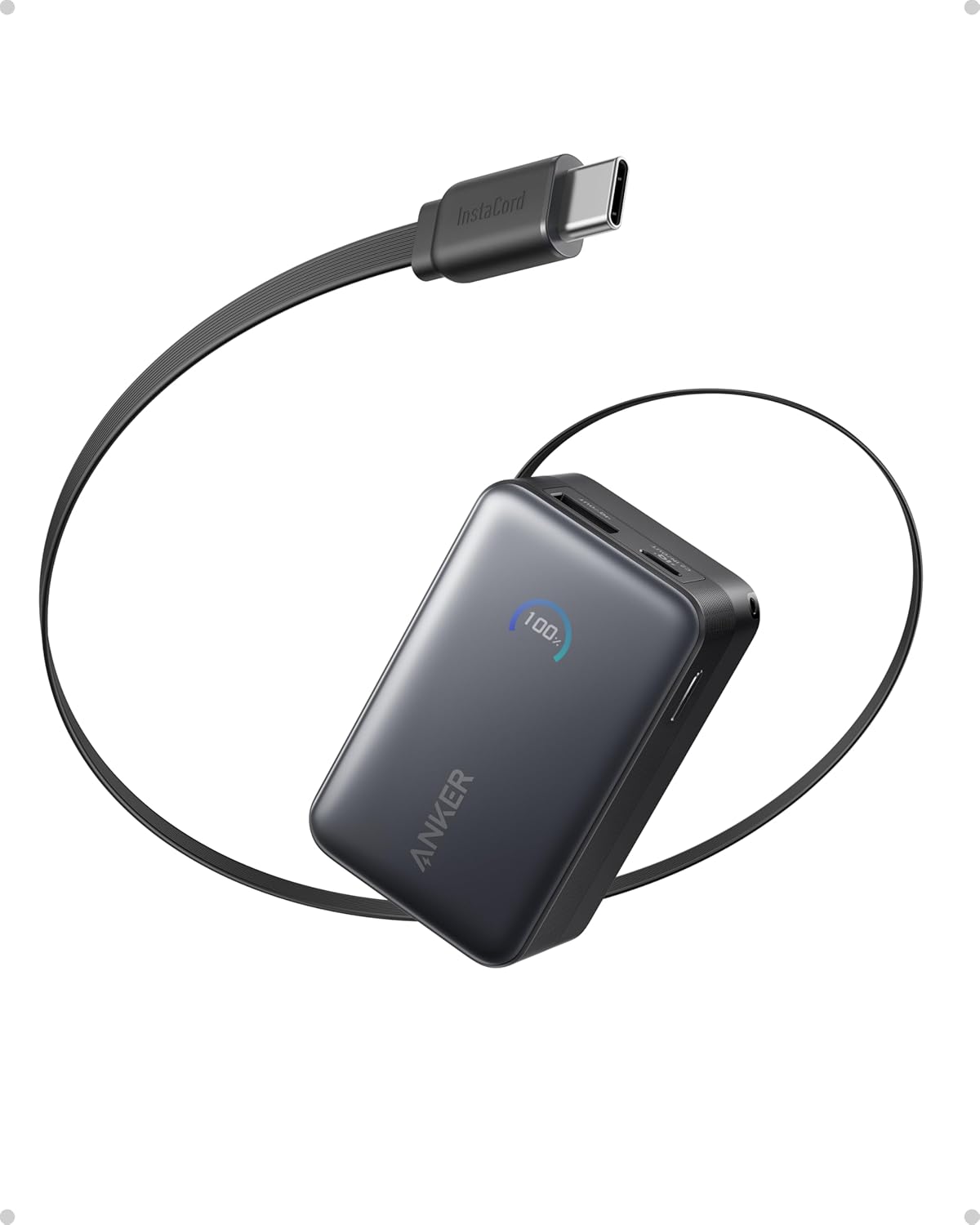 Anker Nano Power Bank, 10,000 mAh External Battery with 70 cm Anker InstaCord Retractable Cable, 45 W Max Compact Battery, Smart Display, for iPhone 16 Series, iPad, Galaxy, Pixel and More