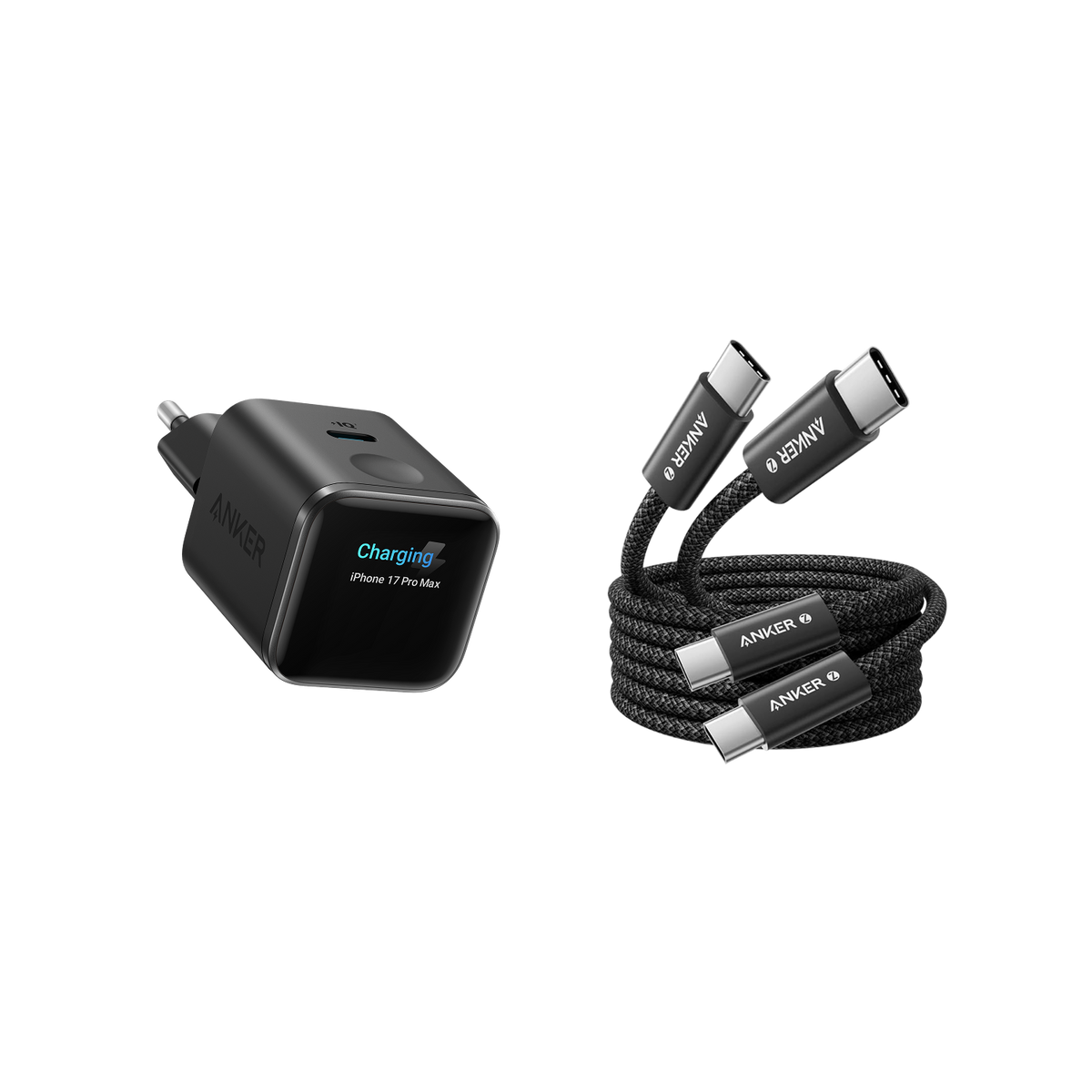 Anker Nano Ladegerät (45W, Smart Display)+Anker 240W USB C Kabel, [2 Stück 1,8m]