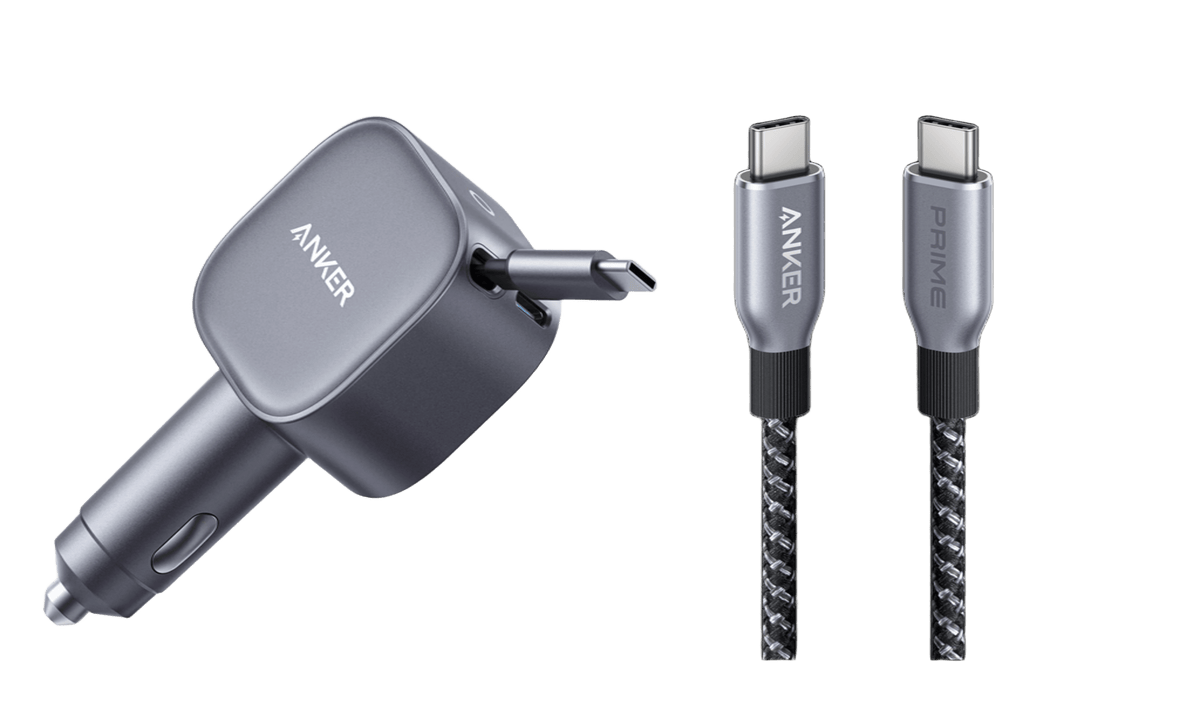Anker Nano Kfz-Ladegerät  (75W, USB-C Port, Integriertes einziehbares USB-C Kabel) + Anker Prime USB-C auf USB-C Kabel (240W, Upcycled-Flechtdesign)