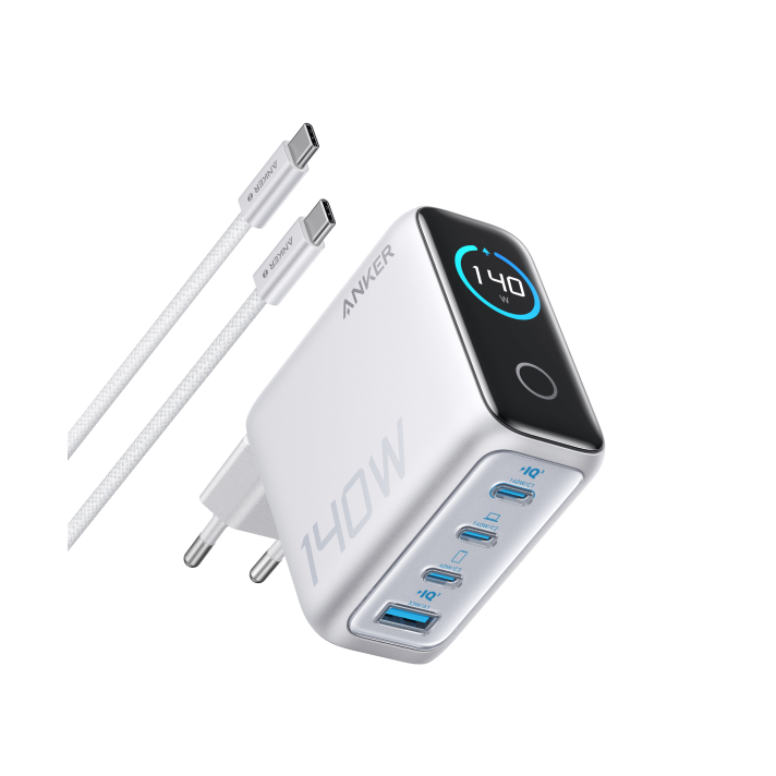 Anker Powerbank (25K, 165W, Integriertes + einziehbares Kabel) + Anker Ladegerät (140W, 4-Port, PD 3.1) mit USB-C Kabel