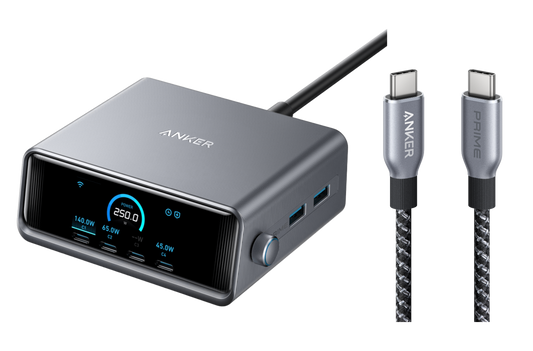 Anker Prime Ladegerät (250W, 6 Ports, GaNPrime) + Anker Prime USB-C auf USB-C Kabel (240W, Upcycled-Flechtdesign, 0,9m)