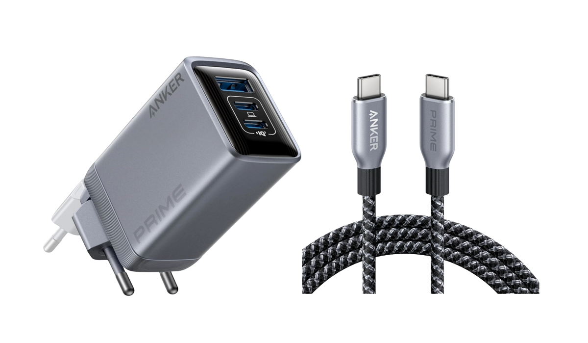 Anker Prime Ladegerät (100W, 3 Ports, GaN) + Anker Prime USB-C auf USB-C Kabel (1.8m, 240W, Upcycled-Flechtdesign)