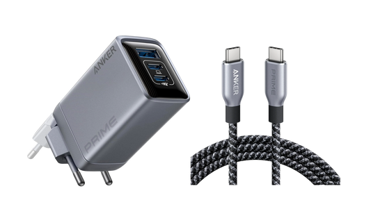 Anker Prime Ladegerät (100W, 3 Ports, GaN) + Anker Prime USB-C auf USB-C Kabel (1.8m, 240W, Upcycled-Flechtdesign)