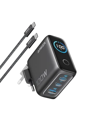 Anker MagGo kabellose Ladestation (3-in-1, Faltbares Ladepad) + Anker Ladegerät (100W, 3 Ports, Smart Display) mit USB-C Kabel