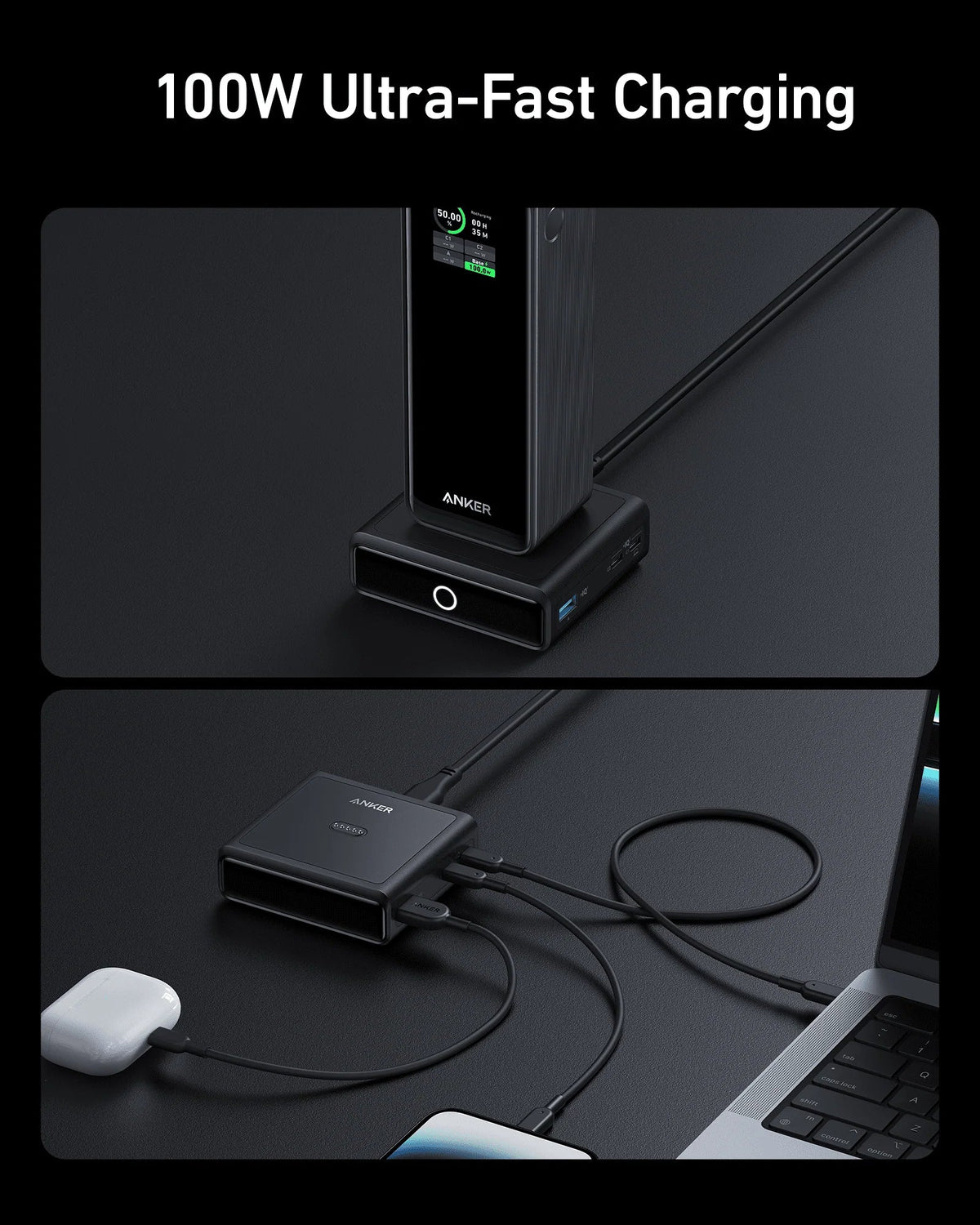 Anker Prime Powerbank (20K, 220W)+Anker Prime USB-C auf USB-C Kabel (240W, Upcycled-Flechtdesign)+Anker 100W Ladestation für Anker Prime Powerbank