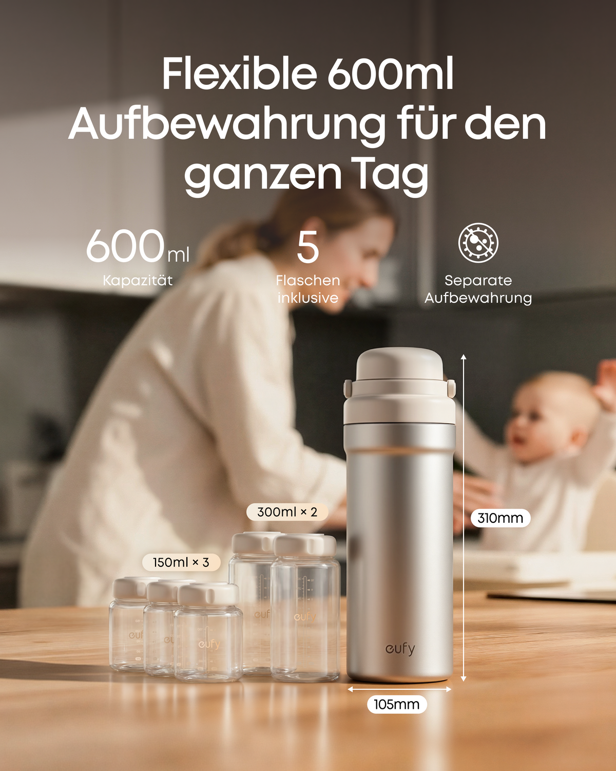 ANKER eufy Tragbarer Muttermilchkühler E10, 600ml, Edelstahl, BPA‑frei
