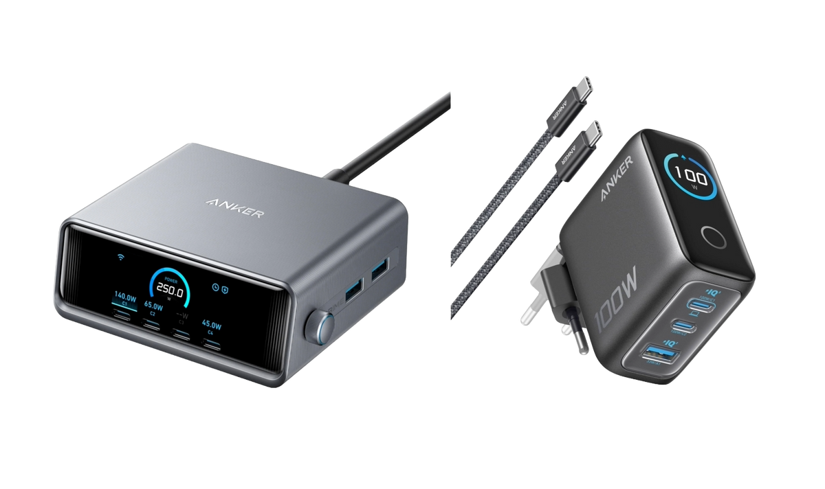 Anker Prime Ladegerät (250W, 6 Ports, GaNPrime) + Anker Ladegerät (100W, 3 Ports, Smart Display) mit USB-C Kabel