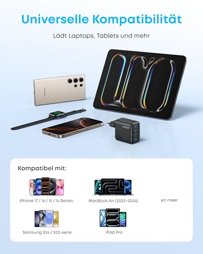 Anker Zolo Ladegerät (70W, 4 Ports) + Anker 511 Ladegerät (Nano 3, 30W) + Anker Prime USB-C auf USB-C Kabel Doppelpack (0,9m, 240W, Upcycled-Flechtdesign)