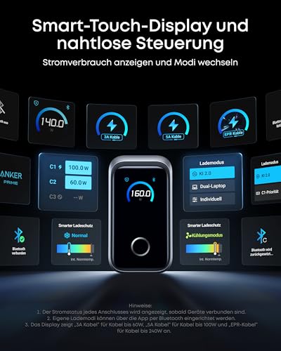 Anker Prime Ladegerät (160W, 3 Ports, GaNPrime) + Anker 2-in-1 USB-C auf USB-C Kabel (120cm, 140W, Flecht-Design)