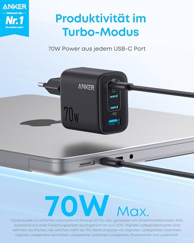 Anker Zolo Ladegerät (70W, 4 Ports) + Anker 511 Ladegerät (Nano 3, 30W) + Anker Prime USB-C auf USB-C Kabel Doppelpack (0,9m, 240W, Upcycled-Flechtdesign)