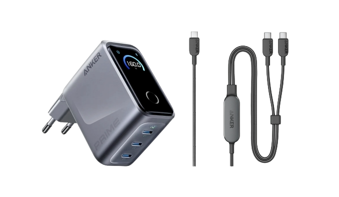 Anker Prime Ladegerät (160W, 3 Ports, GaNPrime) + Anker 2-in-1 USB-C auf USB-C Kabel (120cm, 140W, Flecht-Design)