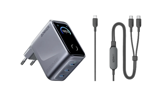Anker Prime Ladegerät (160W, 3 Ports, GaNPrime) + Anker 2-in-1 USB-C auf USB-C Kabel (120cm, 140W, Flecht-Design)