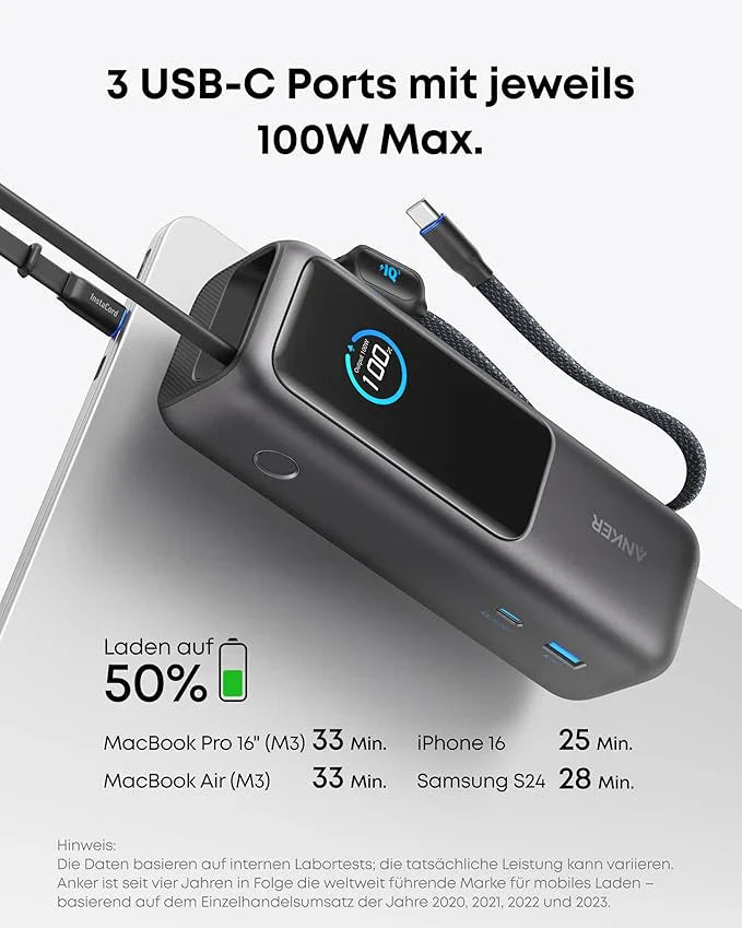Anker Prime Ladegerät (160W, 3 Ports, GaNPrime）+ Anker Powerbank (25K, 165W, Integriertes + einziehbares Kabel)