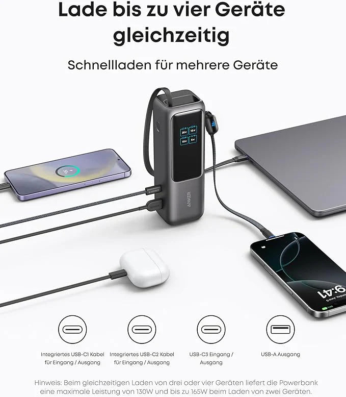 Anker Prime Ladegerät (160W, 3 Ports, GaNPrime）+ Anker Powerbank (25K, 165W, Integriertes + einziehbares Kabel)